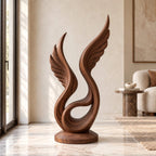 Handcrafted Wood Sculpture With Curved Flame Wings For Dining Room