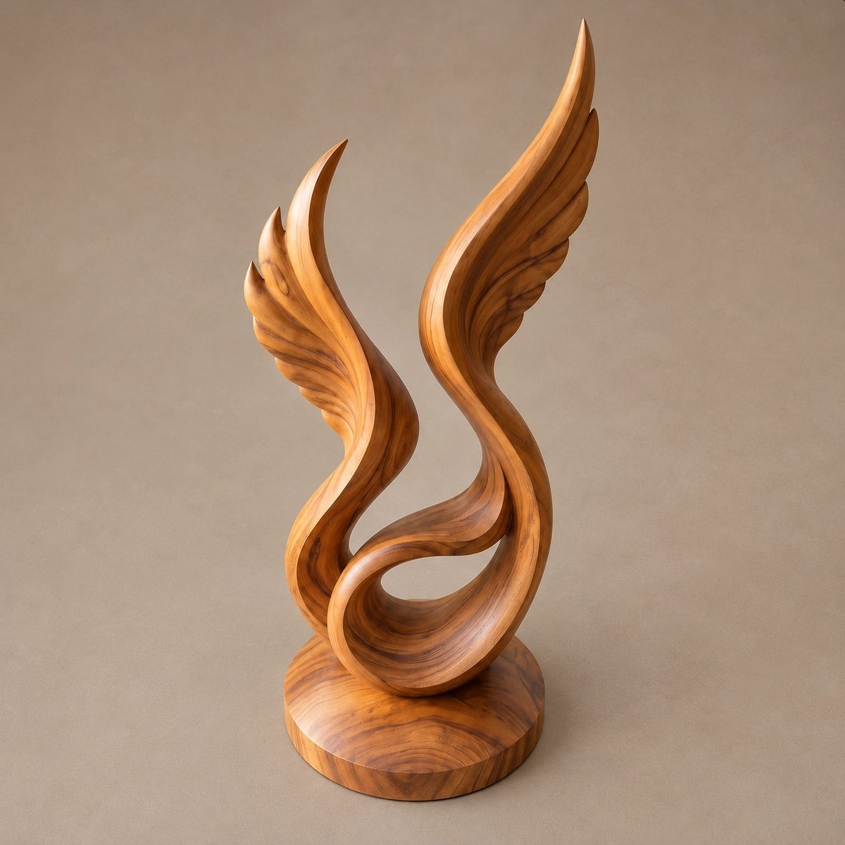 Handcrafted Wood Sculpture With Curved Flame Wings For Dining Room