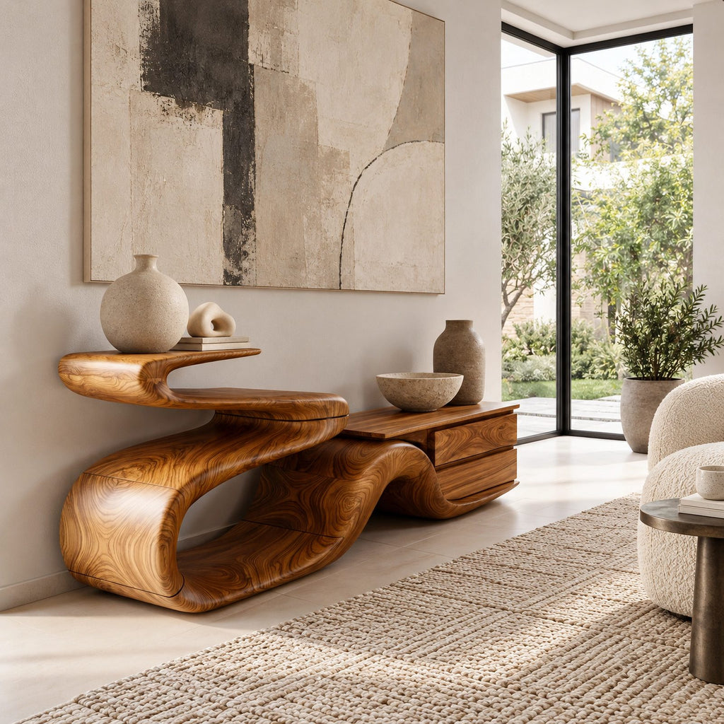 Sculptural Ribbon TV Stand With Flowing Wavy Base For Living Room