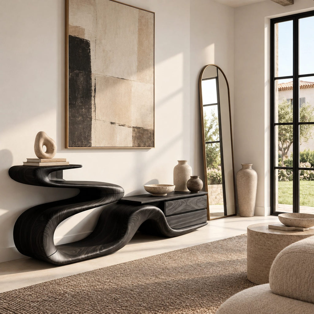 Sculptural Ribbon TV Stand With Flowing Wavy Base For Living Room
