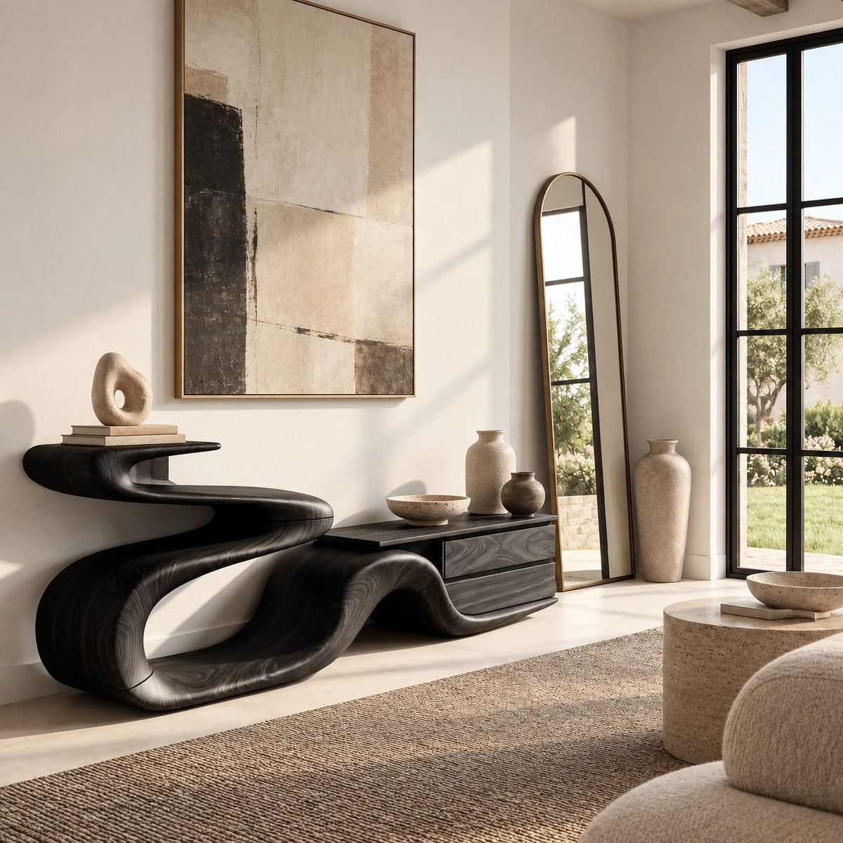 Sculptural Ribbon TV Stand With Flowing Wavy Base For Living Room