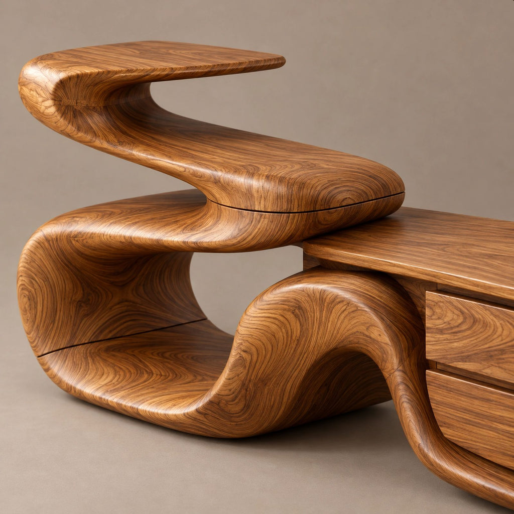 Sculptural Ribbon TV Stand With Flowing Wavy Base For Living Room