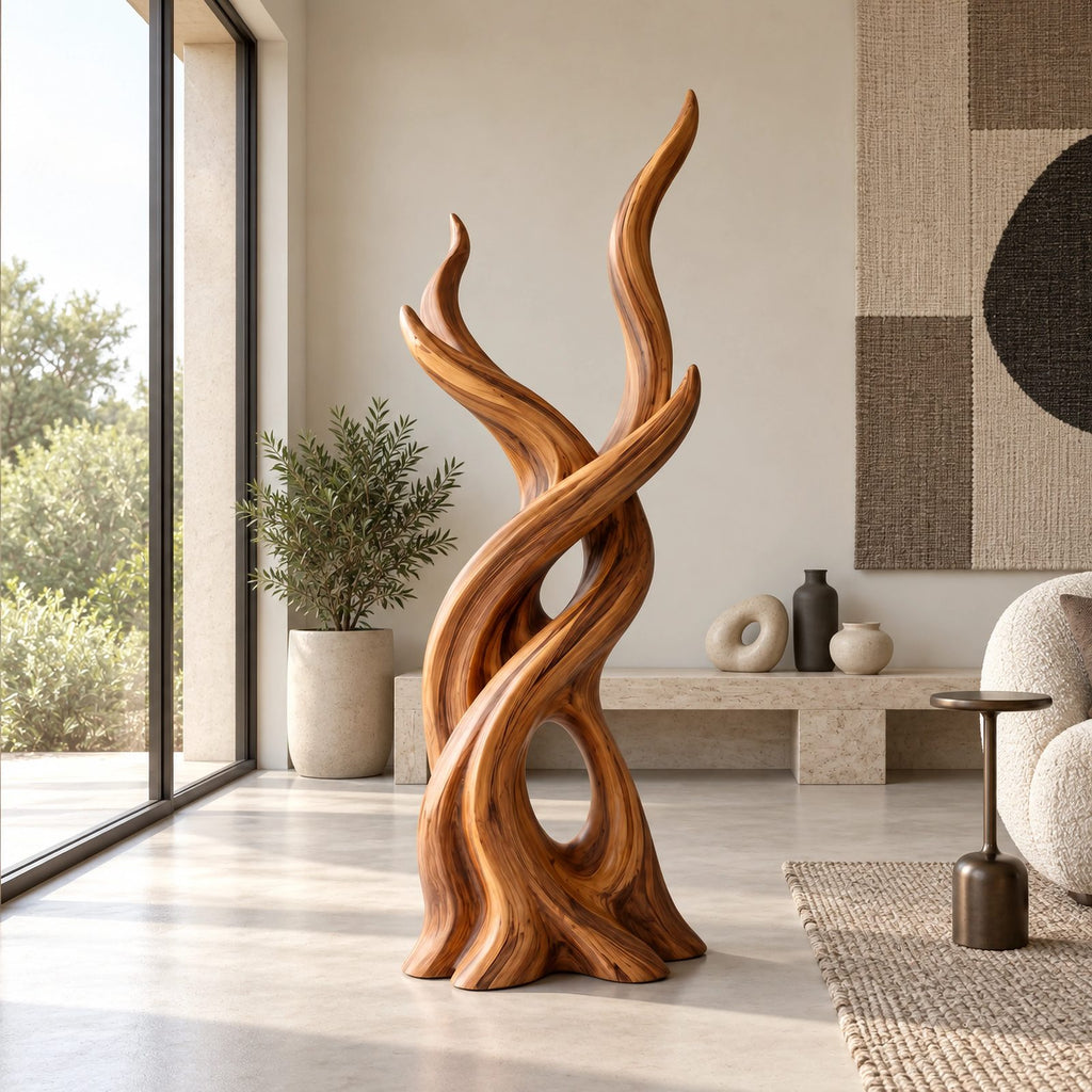 Organic Wood Sculpture With Branching Flame Trio For Entryway