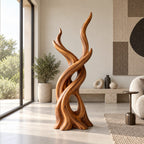Organic Wood Sculpture With Branching Flame Trio For Entryway