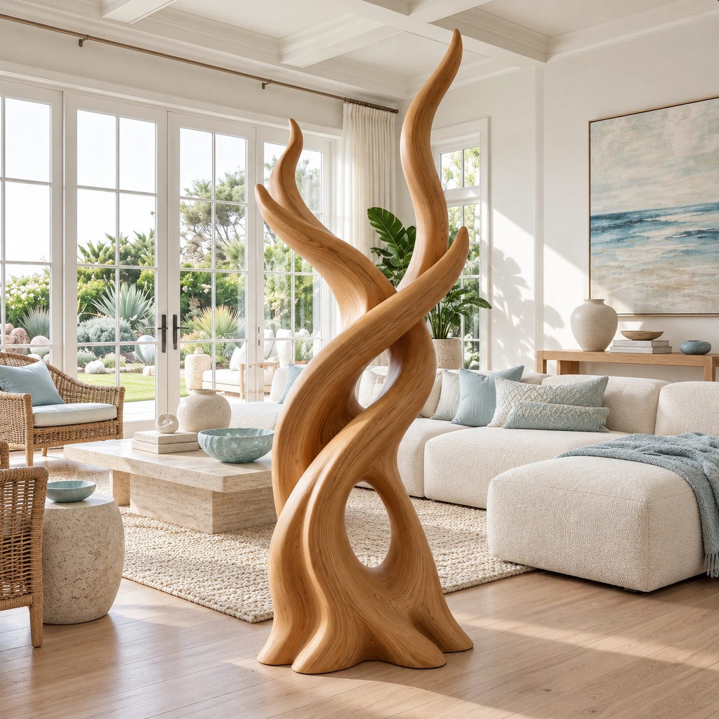 Organic Wood Sculpture With Branching Flame Trio For Entryway