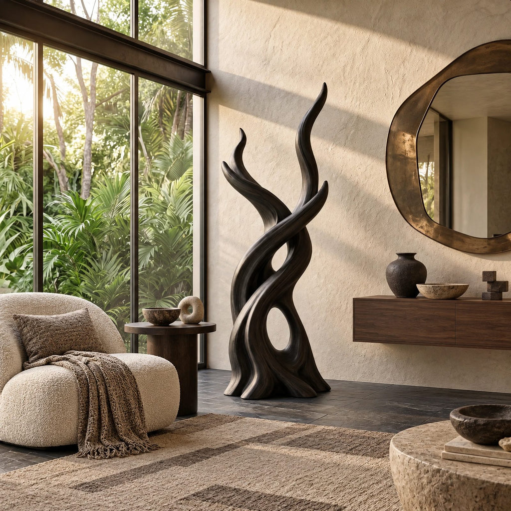 Organic Wood Sculpture With Branching Flame Trio For Entryway