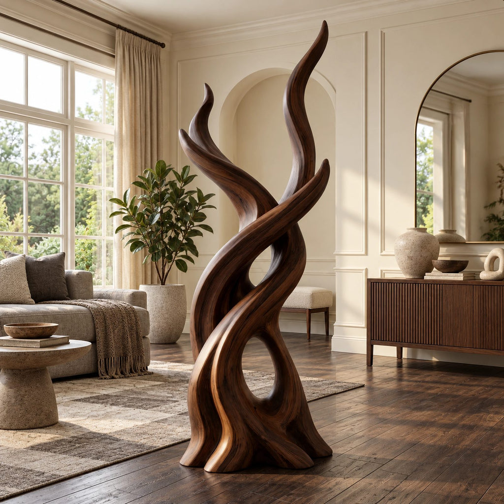 Organic Wood Sculpture With Branching Flame Trio For Entryway