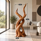 Organic Wood Sculpture With Branching Flame Trio For Entryway