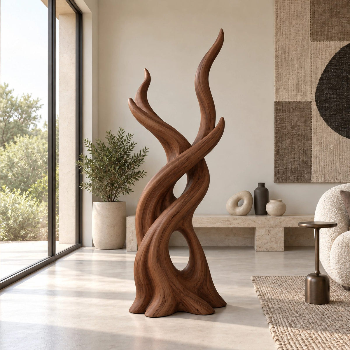 Organic Wood Sculpture With Branching Flame Trio For Entryway