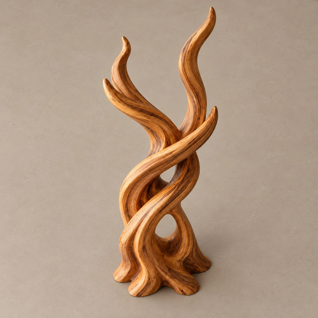 Organic Wood Sculpture With Branching Flame Trio For Entryway