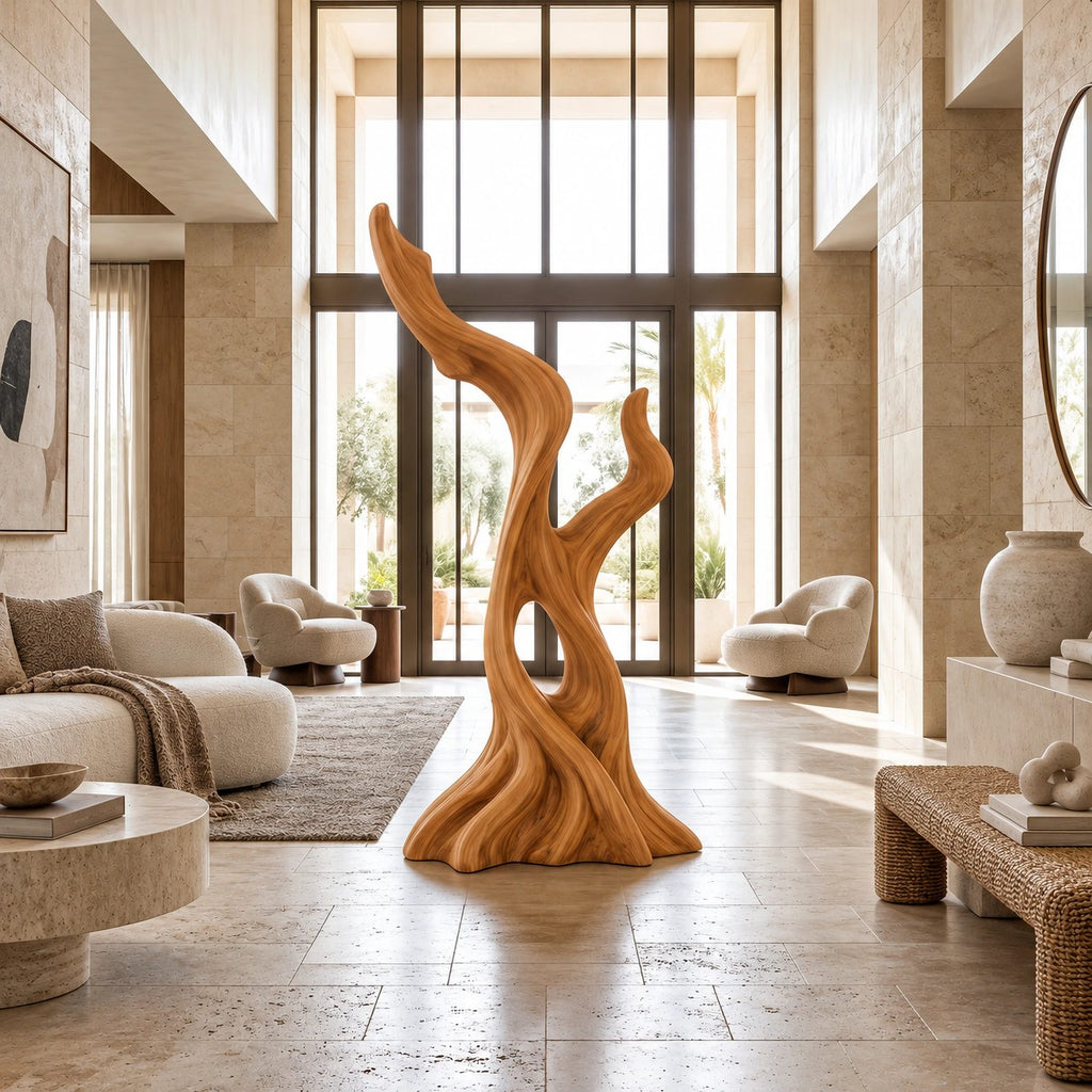 Mid Century Wood Sculpture With Twisting Flame Spiral For Living Room
