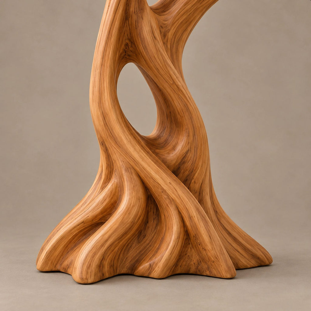 Mid Century Wood Sculpture With Twisting Flame Spiral For Living Room