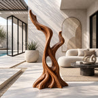 Mid Century Wood Sculpture With Twisting Flame Spiral For Living Room