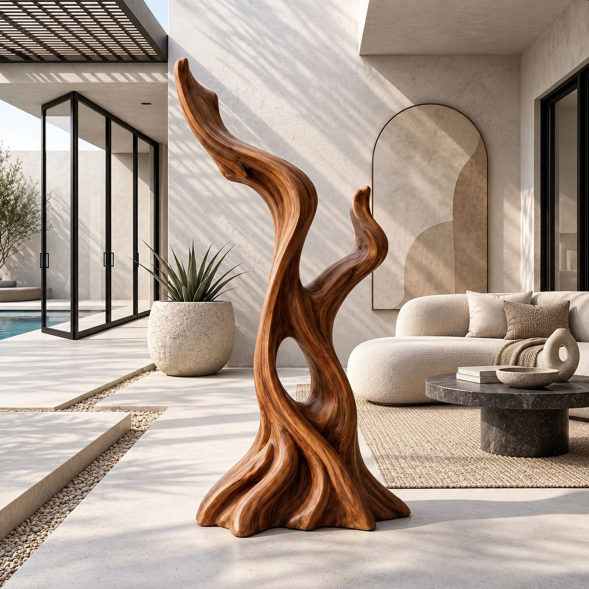 Mid Century Wood Sculpture With Twisting Flame Spiral For Living Room