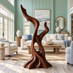Mid Century Wood Sculpture With Twisting Flame Spiral For Living Room