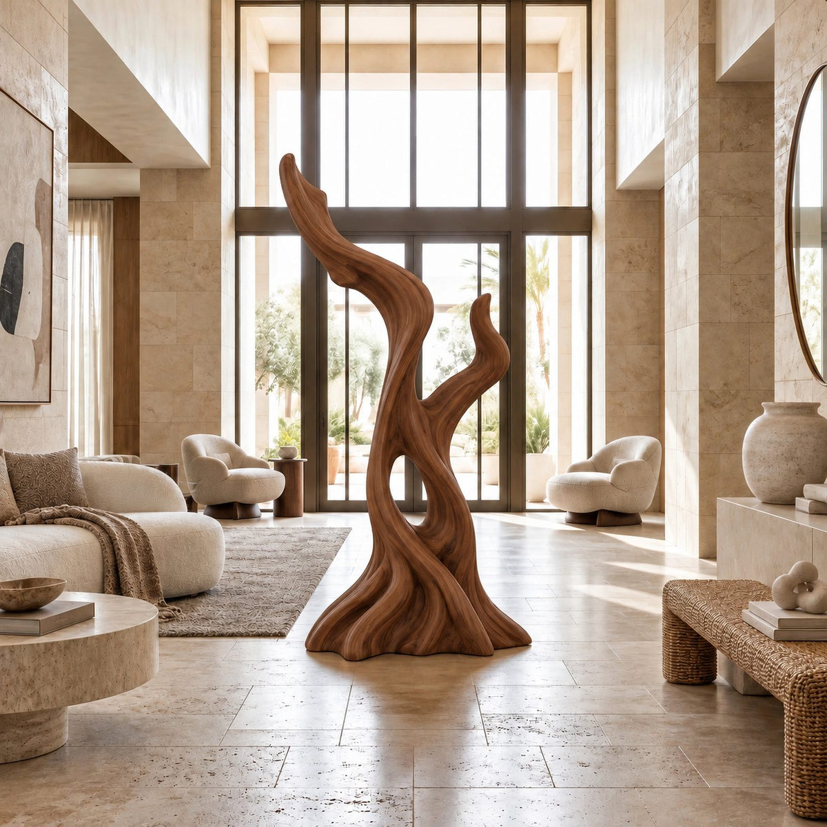 Mid Century Wood Sculpture With Twisting Flame Spiral For Living Room