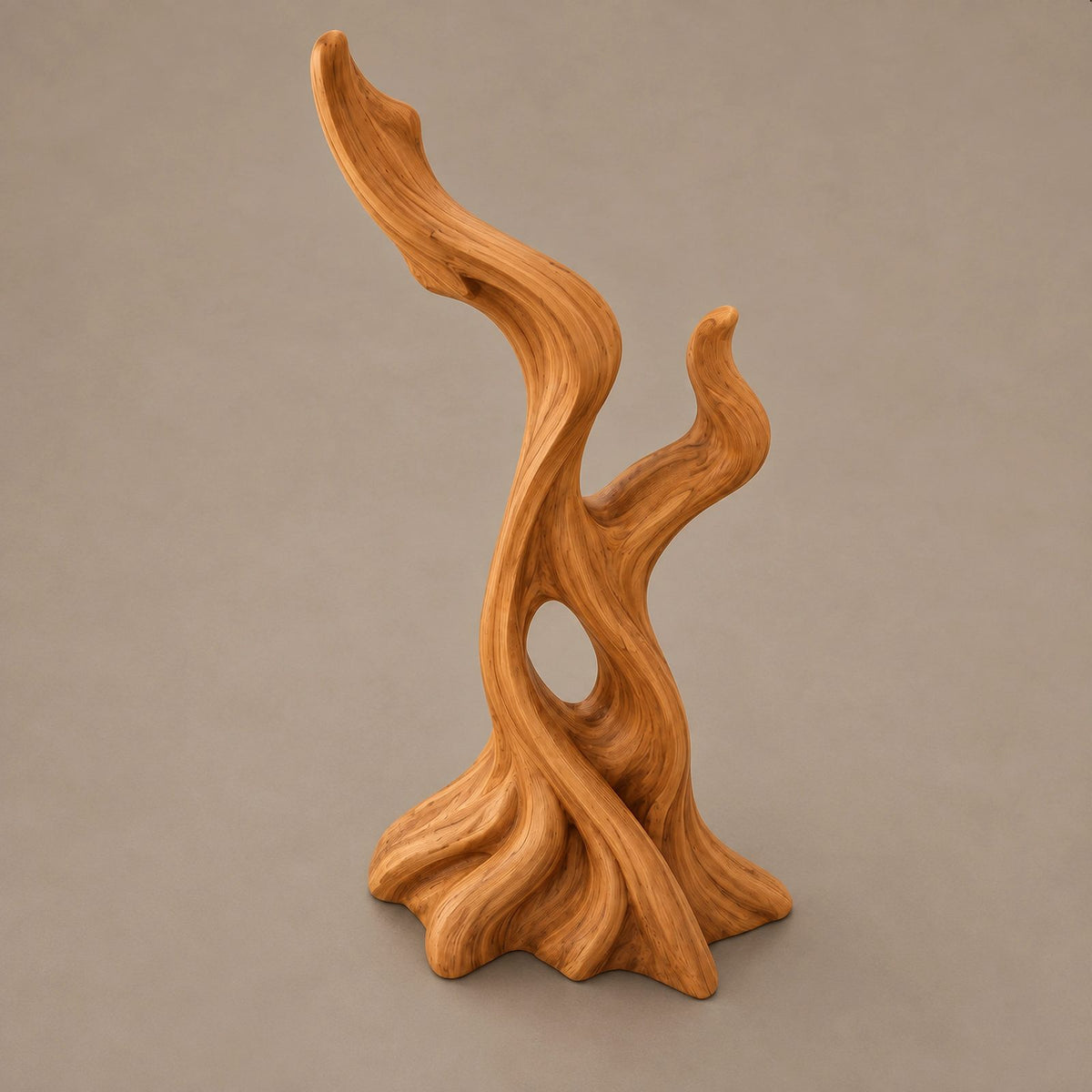Mid Century Wood Sculpture With Twisting Flame Spiral For Living Room