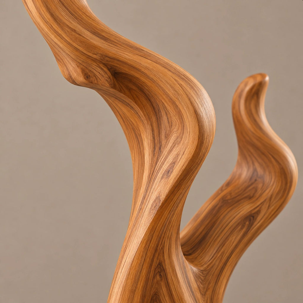 Mid Century Wood Sculpture With Twisting Flame Spiral For Living Room