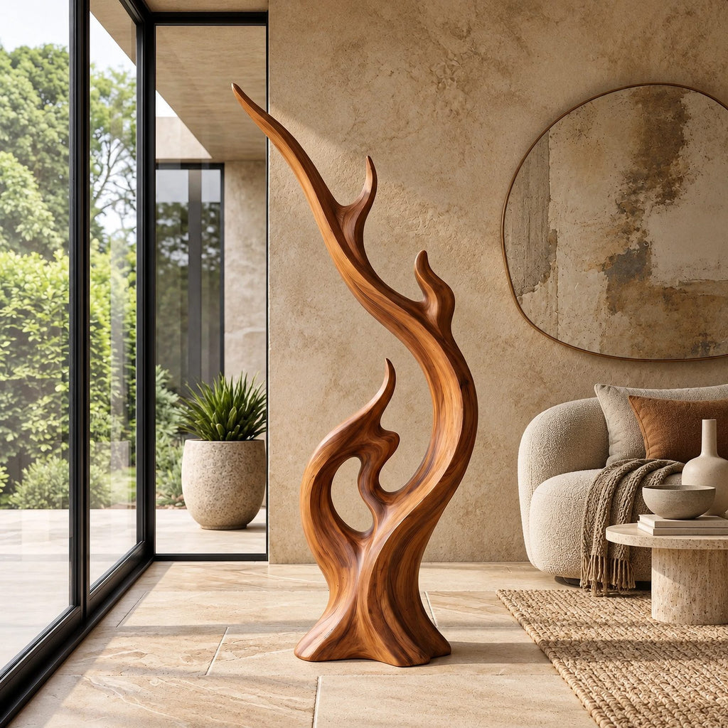 Modern Wood Sculpture With Flame Cluster Form For Living Room