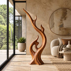 Modern Wood Sculpture With Flame Cluster Form For Living Room