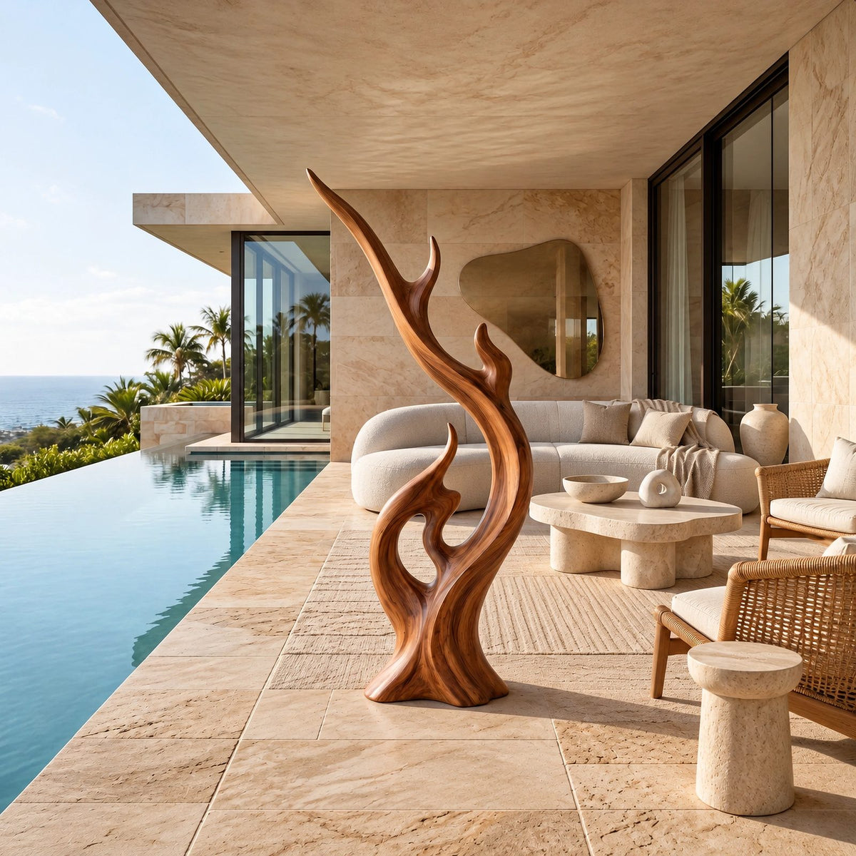 Modern Wood Sculpture With Flame Cluster Form For Living Room