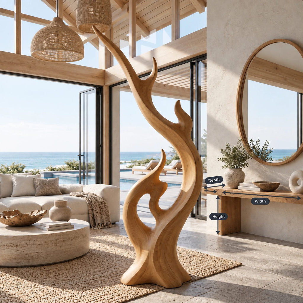 Modern Wood Sculpture With Flame Cluster Form For Living Room