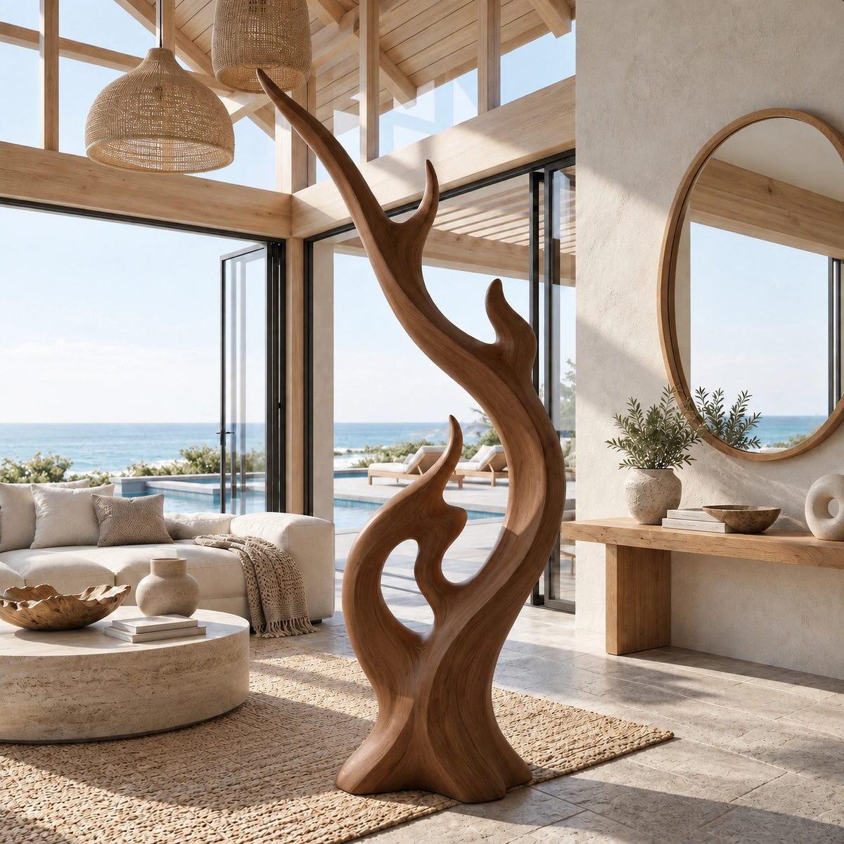 Modern Wood Sculpture With Flame Cluster Form For Living Room