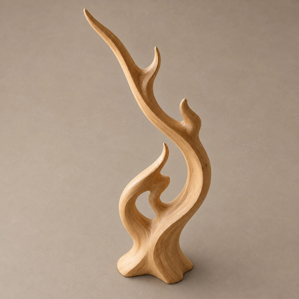 Modern Wood Sculpture With Flame Cluster Form For Living Room