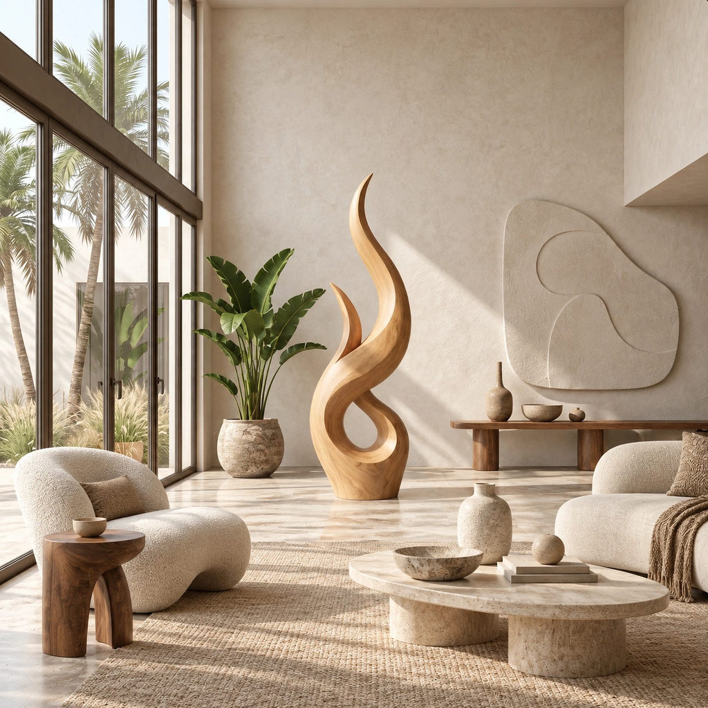 Rustic Wood Sculpture With Double Flame Spiral For Living Room