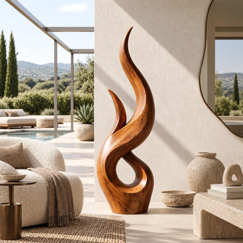 Rustic Wood Sculpture With Double Flame Spiral For Living Room