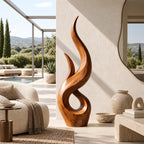 Rustic Wood Sculpture With Double Flame Spiral For Living Room