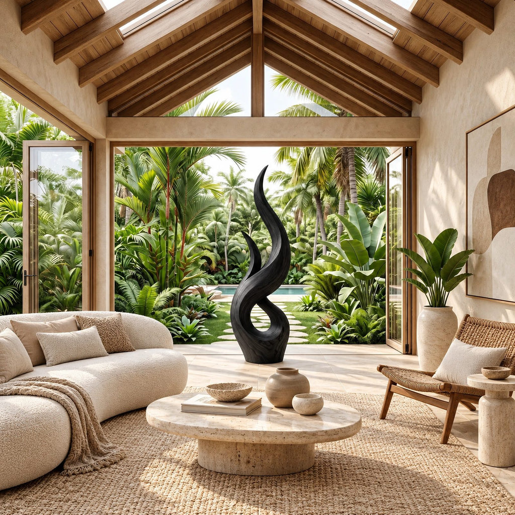 Rustic Wood Sculpture With Double Flame Spiral For Living Room