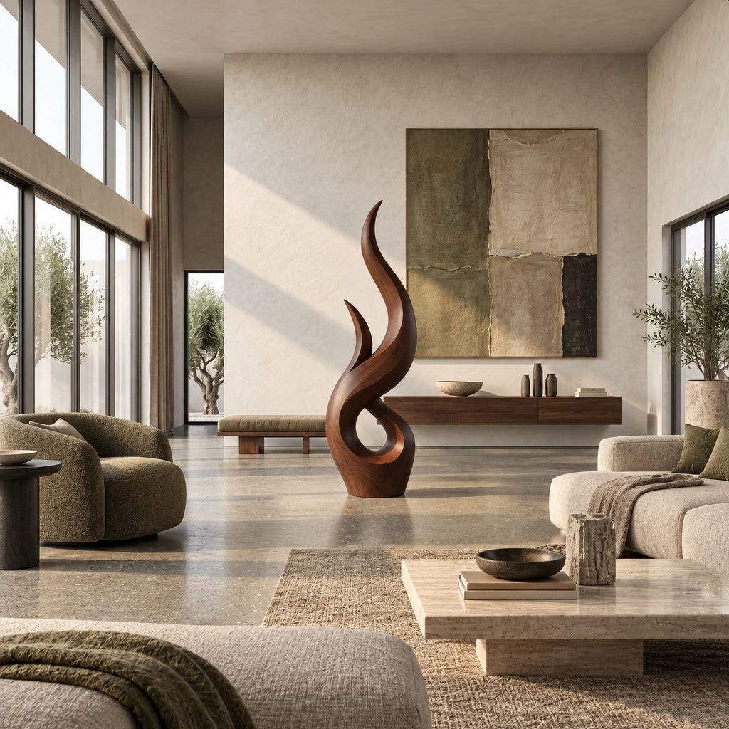 Rustic Wood Sculpture With Double Flame Spiral For Living Room