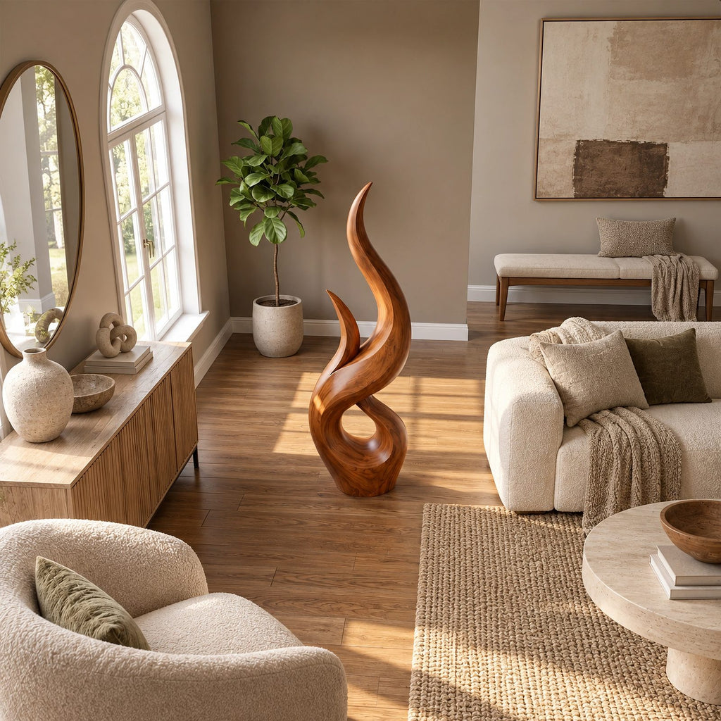 Rustic Wood Sculpture With Double Flame Spiral For Living Room
