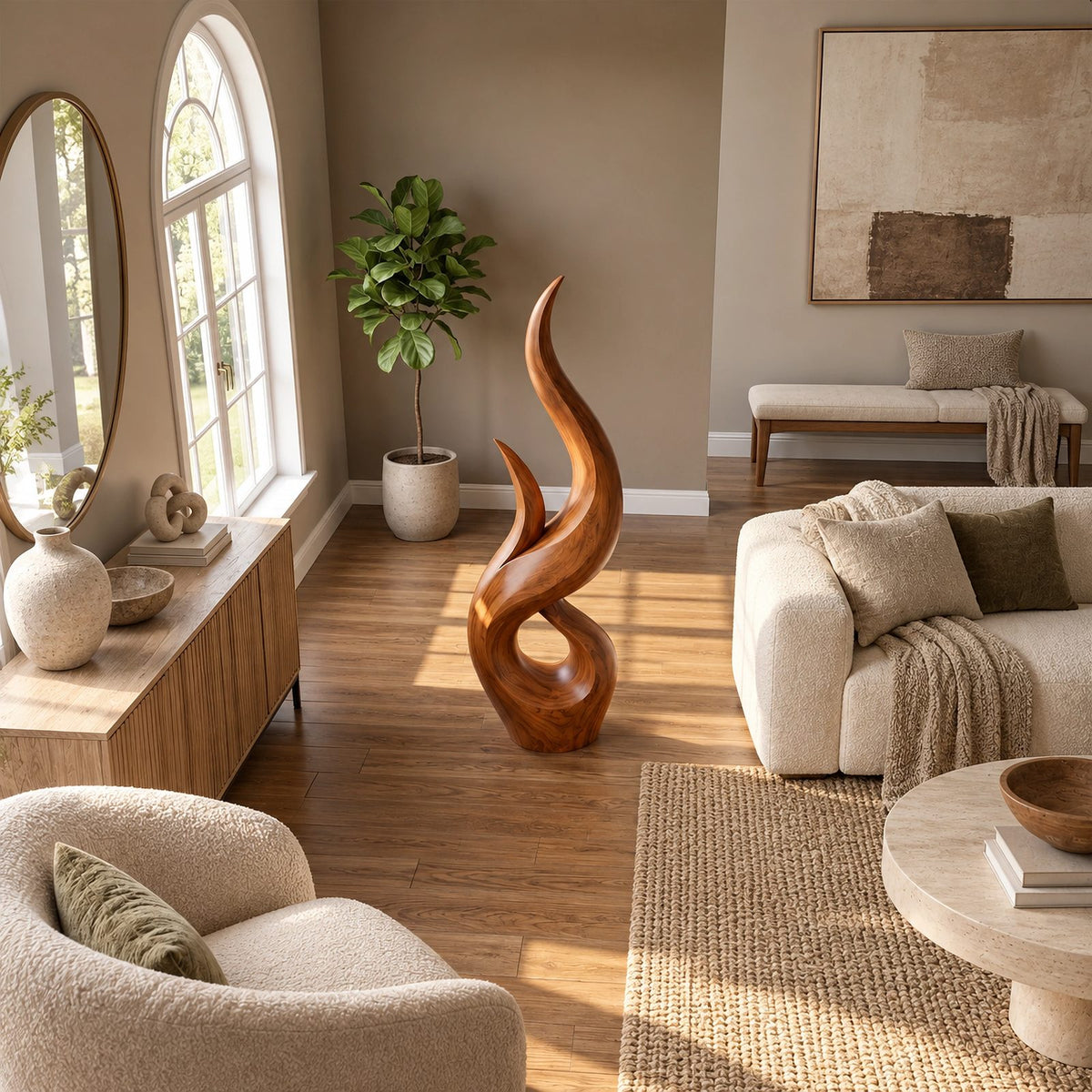 Rustic Wood Sculpture With Double Flame Spiral For Living Room