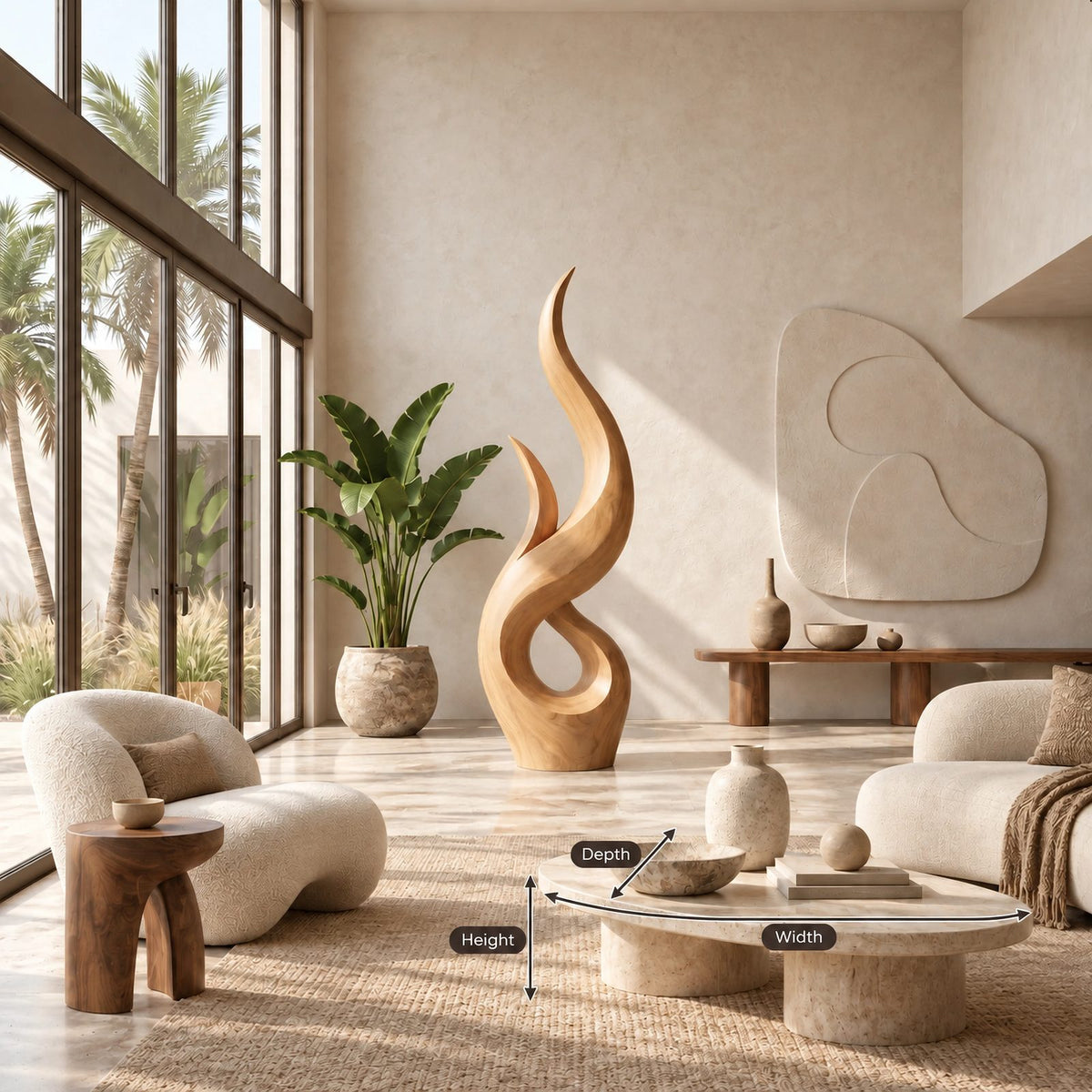 Rustic Wood Sculpture With Double Flame Spiral For Living Room
