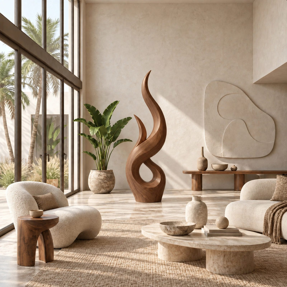 Rustic Wood Sculpture With Double Flame Spiral For Living Room