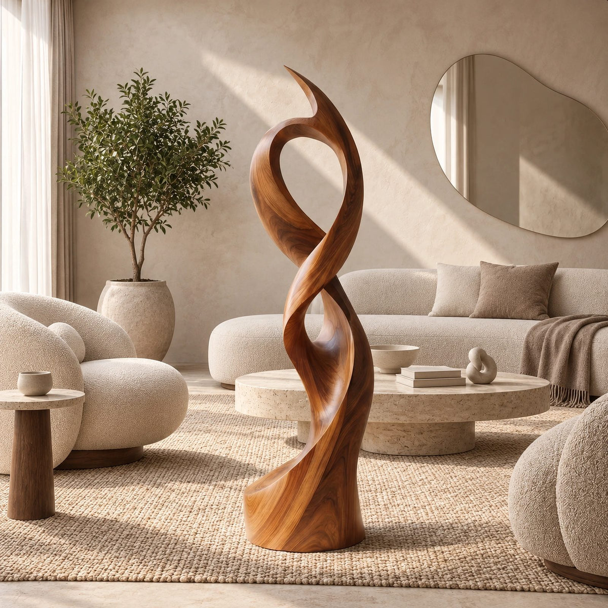 Minimalist Wood Sculpture With Open Swirl Loop For Living Room