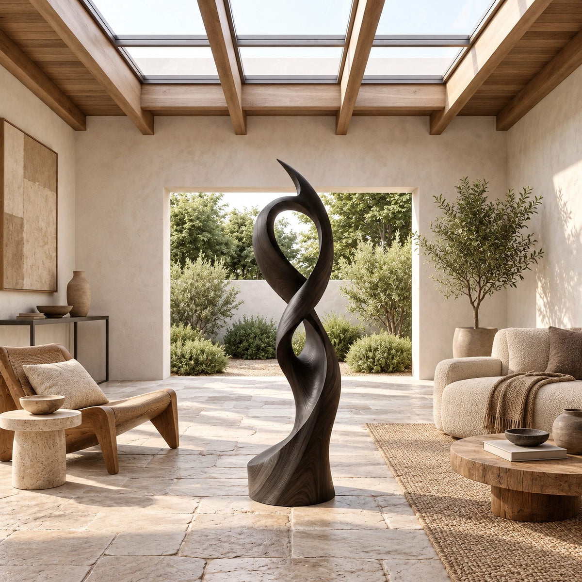 Minimalist Wood Sculpture With Open Swirl Loop For Living Room