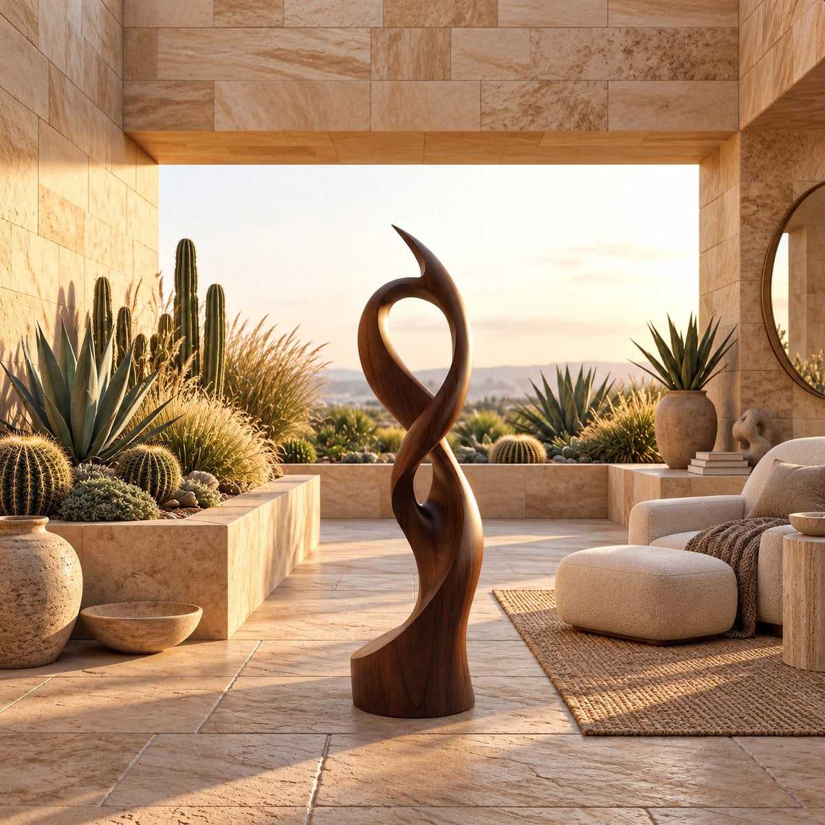 Minimalist Wood Sculpture With Open Swirl Loop For Living Room