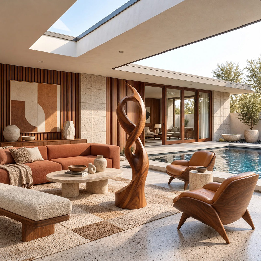 Minimalist Wood Sculpture With Open Swirl Loop For Living Room