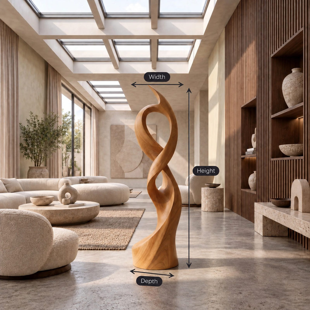 Minimalist Wood Sculpture With Open Swirl Loop For Living Room
