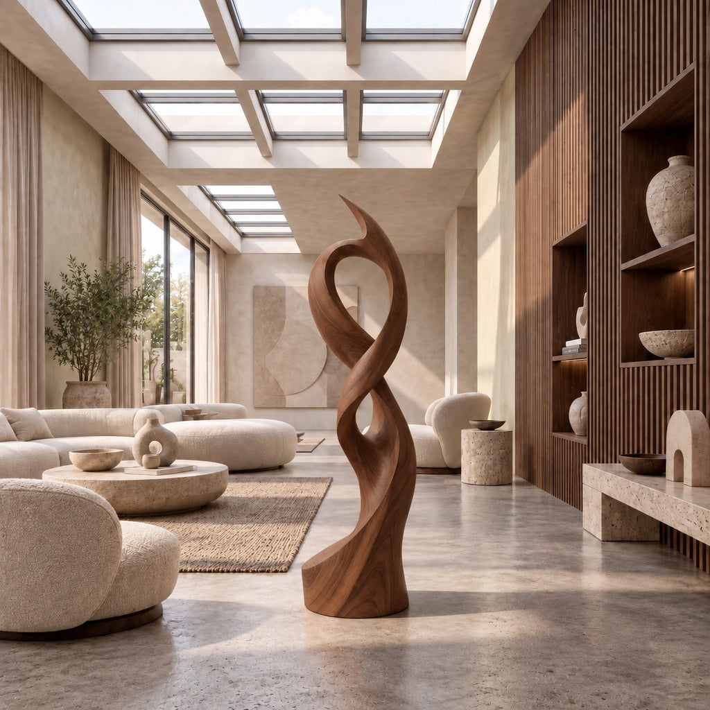 Minimalist Wood Sculpture With Open Swirl Loop For Living Room