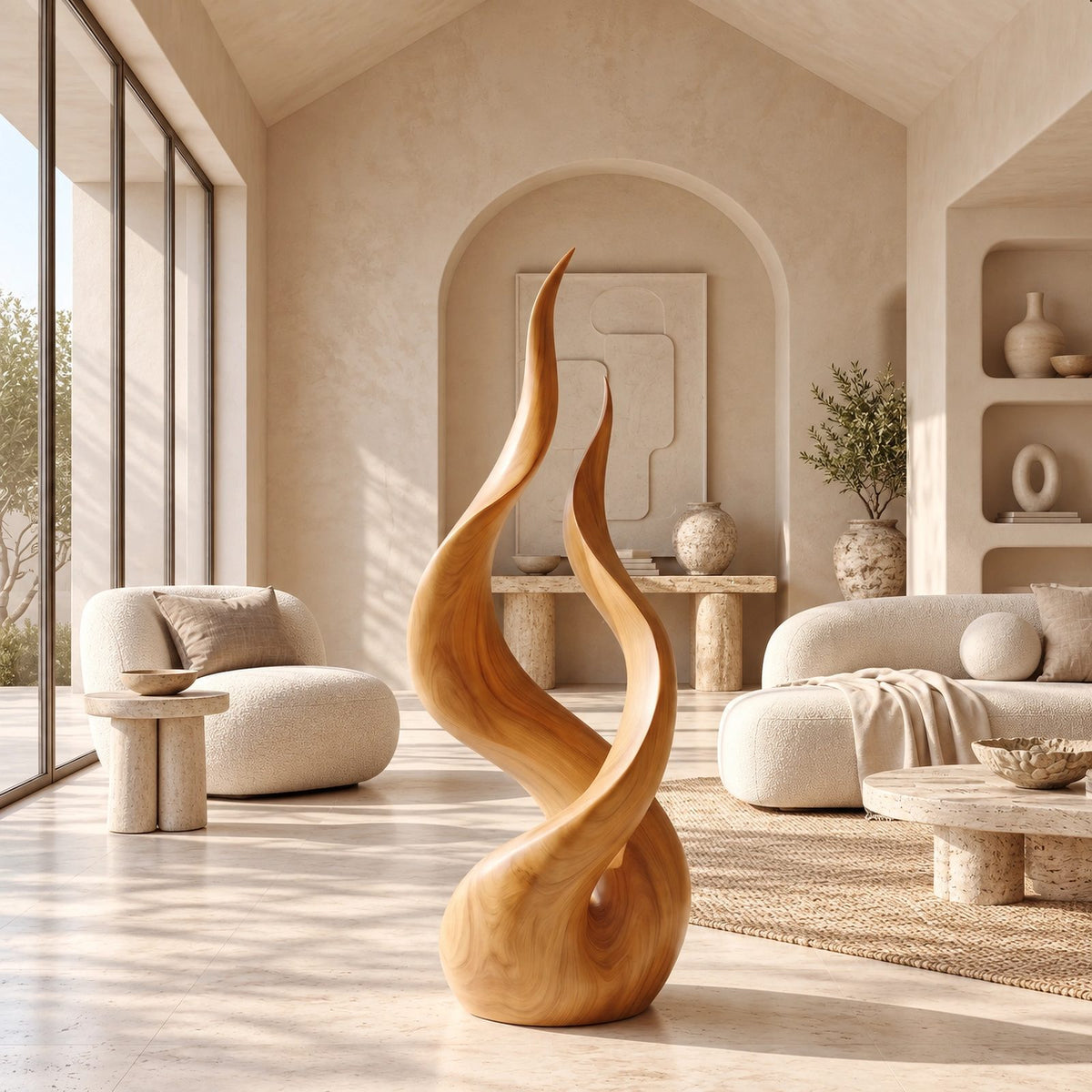 Farmhouse Wood Sculpture With Flowing Flame Twist For Living Room