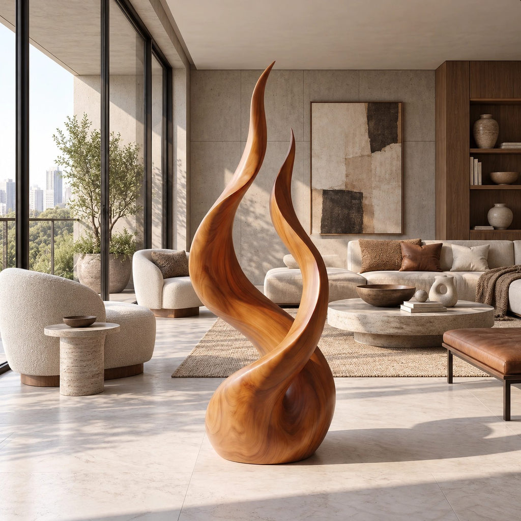Farmhouse Wood Sculpture With Flowing Flame Twist For Living Room