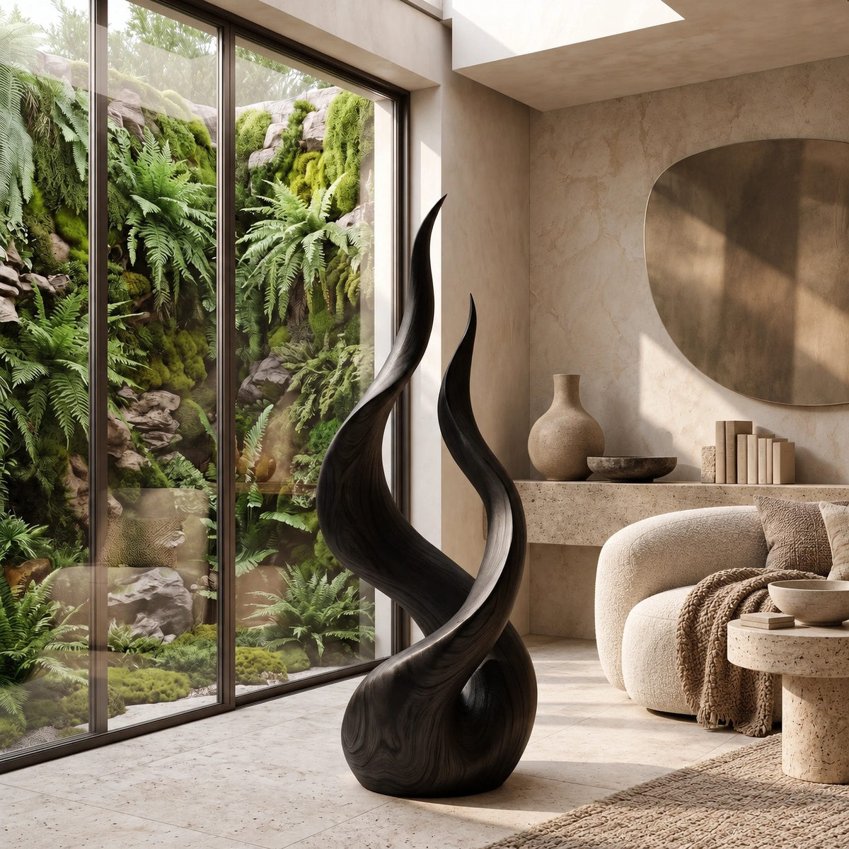 Farmhouse Wood Sculpture With Flowing Flame Twist For Living Room