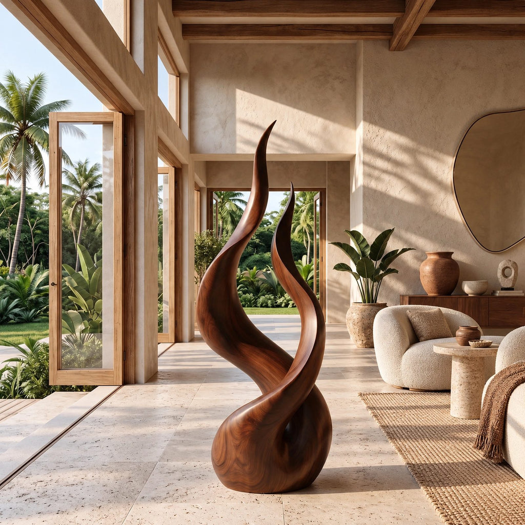 Farmhouse Wood Sculpture With Flowing Flame Twist For Living Room