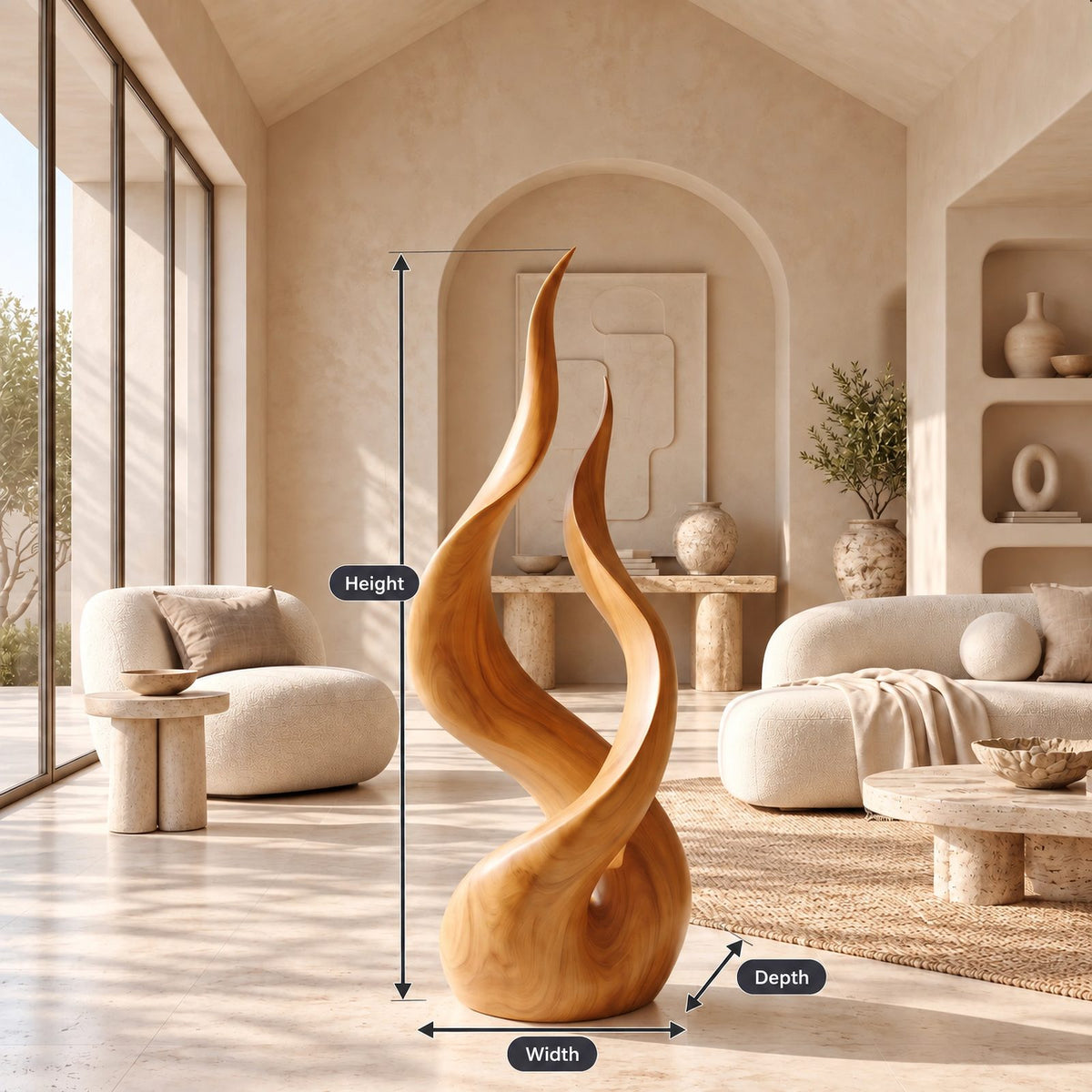 Farmhouse Wood Sculpture With Flowing Flame Twist For Living Room