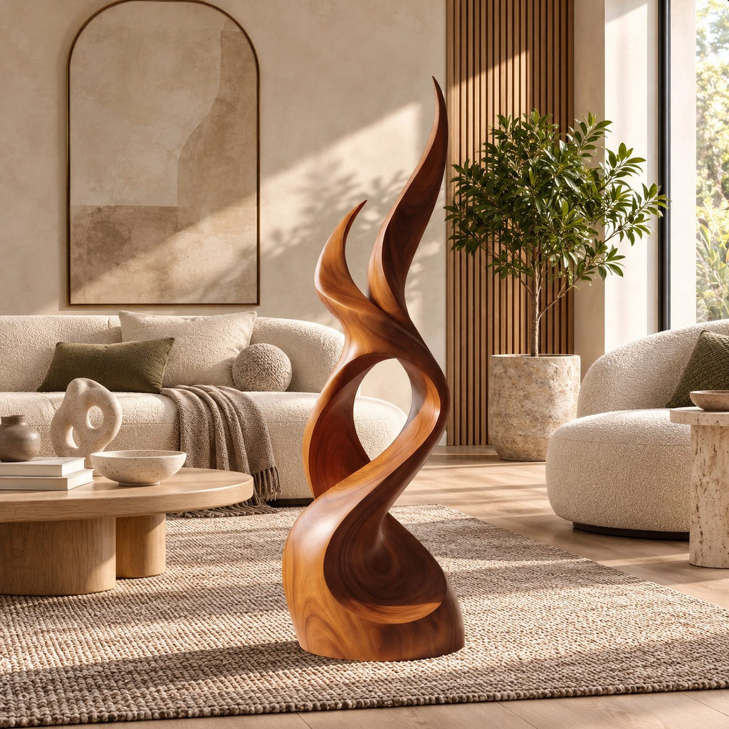 Scandinavian Wood Sculpture With Tall Flame Twist For Bedroom