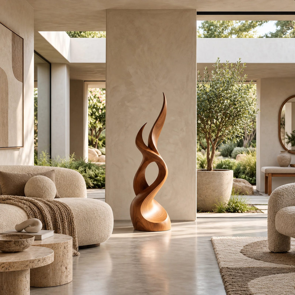 Scandinavian Wood Sculpture With Tall Flame Twist For Bedroom